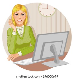 Young woman at the computer, eps10
