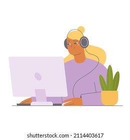 Young woman with computer and headphones sitting at the desk. Working from home concept. Flat character vector illustration. 
