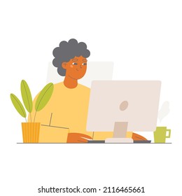 Young woman with computer sitting at the desk. Working from home concept. Flat character vector illustration. 