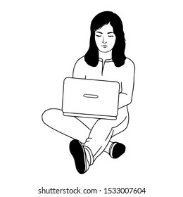 Young woman with computer. University student sitting, written and  reading. Hand drawing girl with open laptop. Sketch smart person. Education, studying. Illustration in linear style. Vector. 