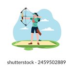 Young woman concentrate aiming arrow and using compound bow. Young female archer focus exercising archery to hit the target vector graphic illustration. Healthy refresh shooting with bow sport concept