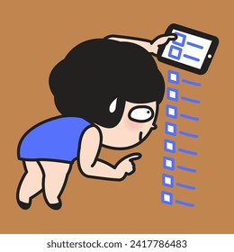 Young Woman Concentrated Checking Her Long Todo, To-do. Checklist Or Task List On Tablets Concept Card Character illustration