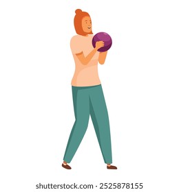 Young woman is concentrating on her next bowling throw, carefully aiming her shot