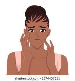 Young woman Concerned About Acne and Skincare Issues holding her faces. Flat vector Character Illustration