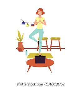 A young woman conducts training at home online. The girl does yoga at her leisure, on weekends or in quarantine. Flat cartoon isolated vector illustration.