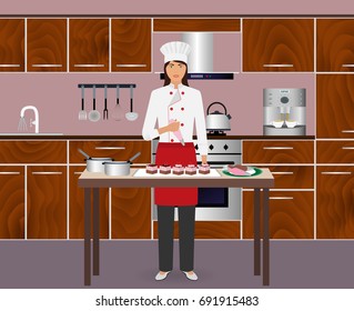 Young woman confectioner decorate desserts with pastry bag. Pastry-cook master class to make cakes on a domestic kitchen. Process cooking sweet. Vector illustration.