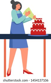 Young woman confectioner decorating big three tiered cake, vector flat illustration isolated on white background. Restaurant cook, professional cooking concept for web banner, website page etc.