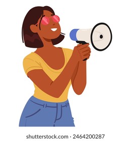 Young Woman Confidently Using A Megaphone. Female Character Exudes Assertiveness And Leadership, Dressed In A Casual Summer Outfit. Cartoon Vector Concept Of Communication, Empowerment, And Enthusiasm