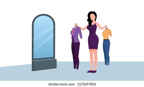 Young woman confused between two outfits flat character vector illustration on white background