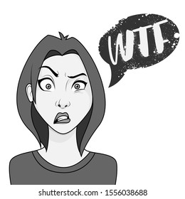 Young woman with confused face expression and  wtf speech bubble