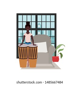 young woman with congas on white background