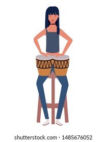 young woman with congas on white background
