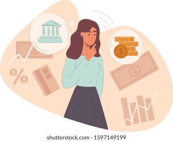 Young woman considering her finances options standing with her hand to her chin surrounded by a choice of different money and banking icons, colored vector illustration