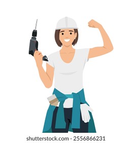 Young woman Construction Worker, Wearing Protective Gear, Stands Confidently With A Drill In Hand. Flat vector illustration isolated on white background