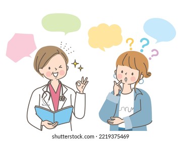 Young woman consulting doctor in lab coat vector illustration