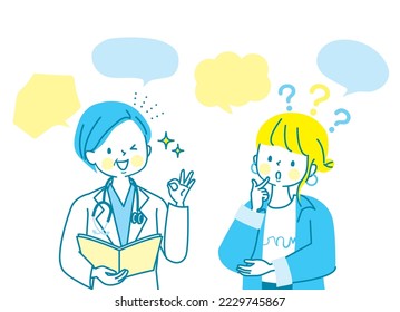 Young woman consulting doctor in lab coat vector illustration