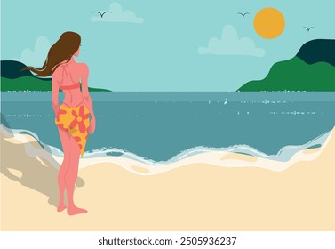 Young woman contemplating the sea, woman enjoying the summer. vector illustration.