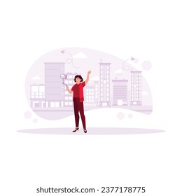 Young woman content herself on a city street. Multi-storey city buildings background. Content Creator concept. Trend Modern vector flat illustration