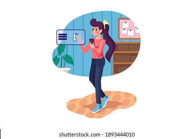 Young woman controlling temperature in the living room with smart phone and digital touch screen panel. 