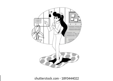 Young woman controlling temperature in the living room with smart phone and digital touch screen panel. 