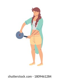young woman cook with a pot in her hand on white background vector illustration design