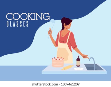 Young woman cook preparing a cake in cooking class vector illustration design