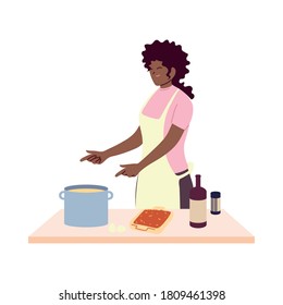 young woman cook preparing a soap vector illustration design