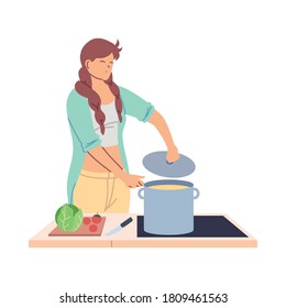 young woman cook preparing a soap vector illustration design