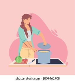 young woman cook preparing a soap vector illustration design