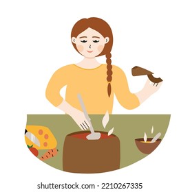 Young woman cooked tasty soup in kitchen.
