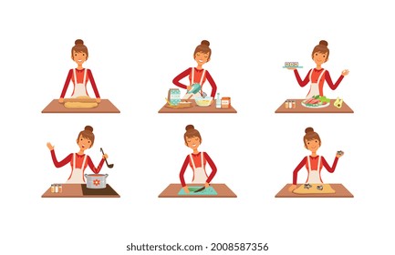 Young Woman Cooking and Baking at Kitchen Table Set, Cheerful Girl Preparing Food Cartoon Vector Illustration