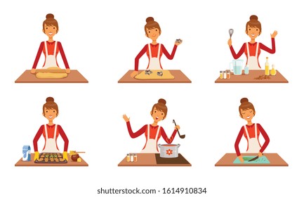 Young Woman Cooking and Baking Set, Housewife Preparing Food in the Kitchen Vector Illustration