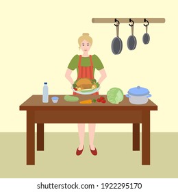Young woman is cooking chicken with vegetables in kitchen. Flat vector illustration.