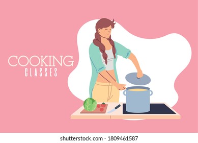 young woman in cooking classes vector illustration design