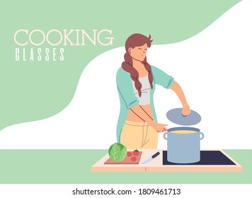 mujer joven en clases de cocina diseño de ilustraciones vectoriales