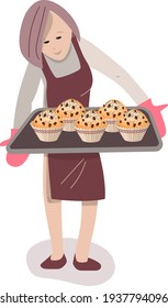Young woman cooking cupcakes at home. Lifestyle and hobby. Illustration can be used for cafe menu and food design templates.