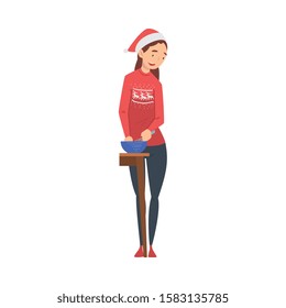 Young Woman Cooking Food for Christmas Holidays Wearing Santa Claus Hat and Red Sweater, Christmas Eve, New Year Celebration Vector Illustration
