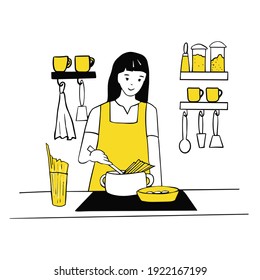 Young Woman Cooking In The Kitchen. Boiling Spaghetti In A Large Pot. Healthy Eating. Line Art, Vector Illustration.