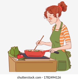Young woman cooking in the kitchen. Healthy food illustration. Healthy lifestyle concept. Cooking At Home. Prepare Food