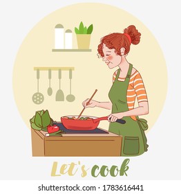 Young woman cooking in the kitchen. Healthy food illustration. Healthy lifestyle concept. Cooking at home. Prepare food