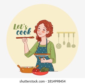 Young woman cooking in the kitchen. Healthy food illustration. Healthy lifestyle concept. Cooking at home. Prepare food