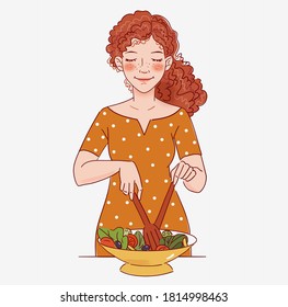 Young woman cooking in the kitchen. Healthy food illustration. Healthy lifestyle concept. Cooking at home. Prepare food