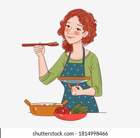 Young woman cooking in the kitchen. Healthy food illustration. Healthy lifestyle concept. Cooking at home. Prepare food