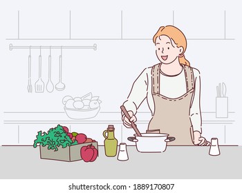 Young Woman Cooking In The Kitchen. Healthy Food. Healthy Lifestyle. Cooking At Home. Hand Drawn In Thin Line Style, Vector Illustrations.