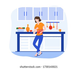 Young woman cooking in the kitchen. Prepare Healthy Food. Cooking At Home. Vector flat cartoon illustration. Food blogger.