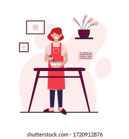 Young woman is cooking in the kitchen. Woman prepares food  at home.  Flat vector illustration.