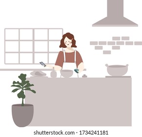 young woman cooking in kitchen Quarantine work from home concept