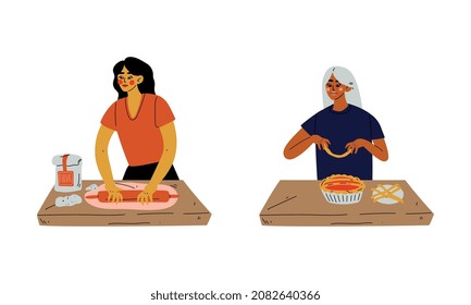 Young Woman Cooking in the Kitchen Rolling Dough and Decorating Pastry Vector Set