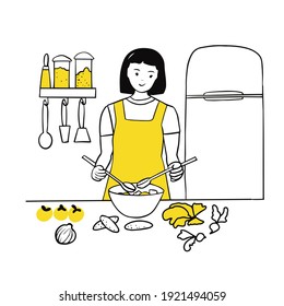 Young woman cooking in the kitchen. Stirring fresh vegetable salad in a bowl. Healthy food for a date or dinner. Diet and vegan food. Line art, vector illustration.