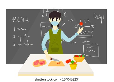 A young woman cooking in the kitchen.  Vector character flat style. lifestyle cooking eat at home